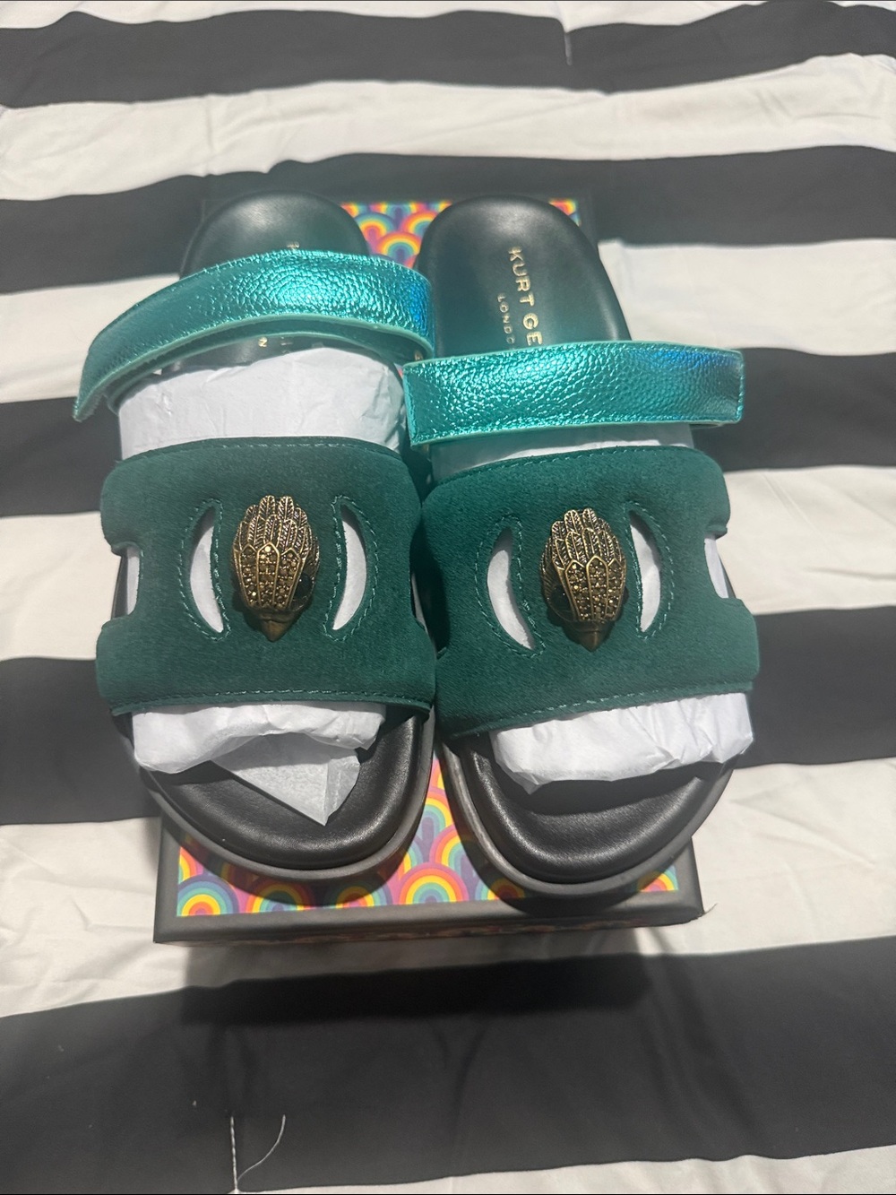 Kurt Geiger Women’s Teal Metallic & Emerald Suede Slide Sandals